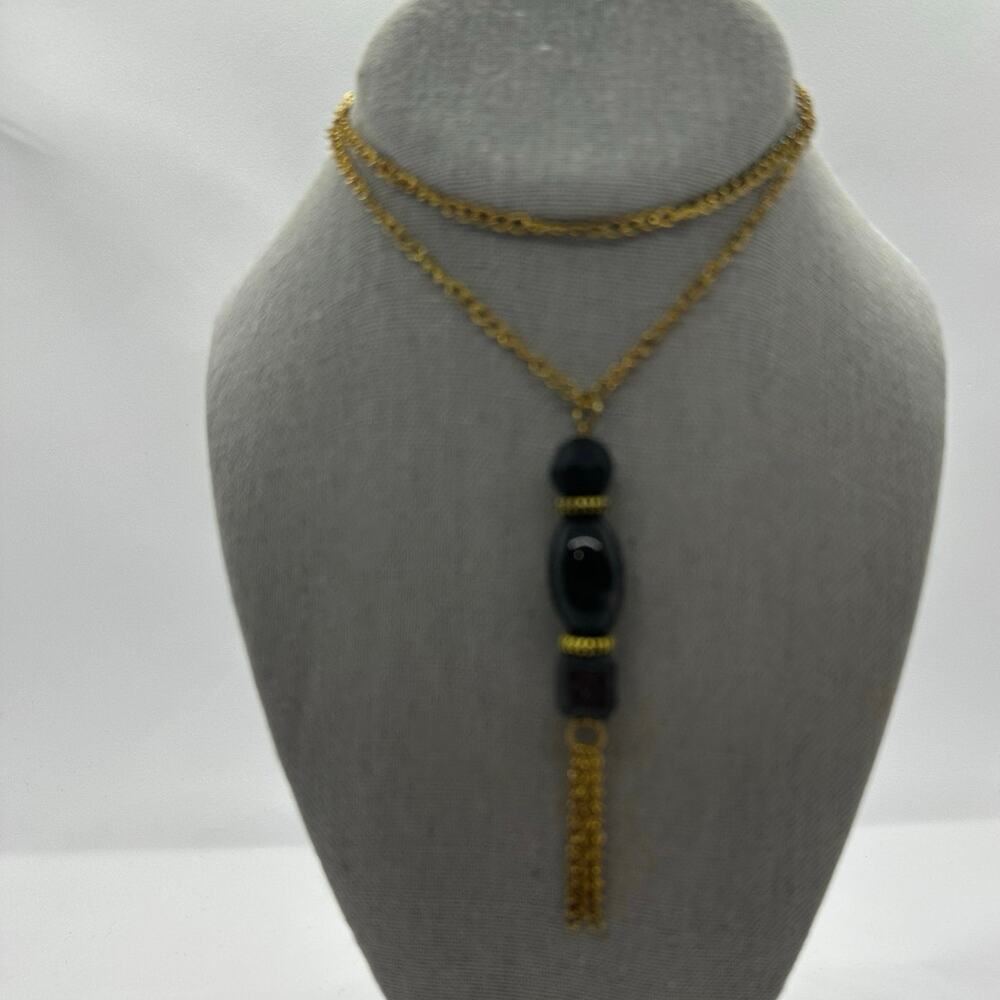 Retro‎ Gothic Witchy Gold Tone Tassel Necklace Long Fashion Black Beads Layering
